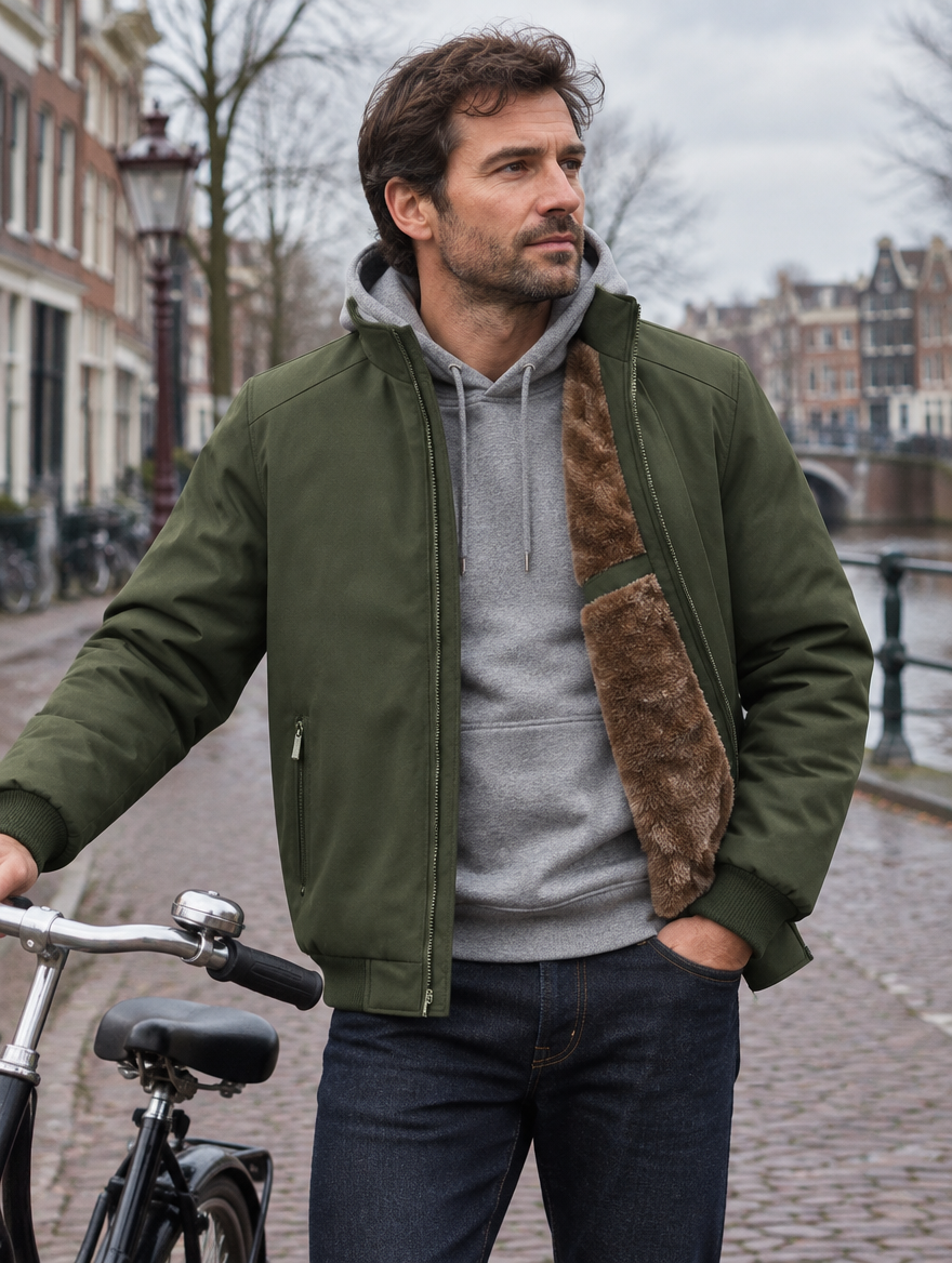 Gevoerde jas heren in legergroen met opstaande kraag, naast een fiets