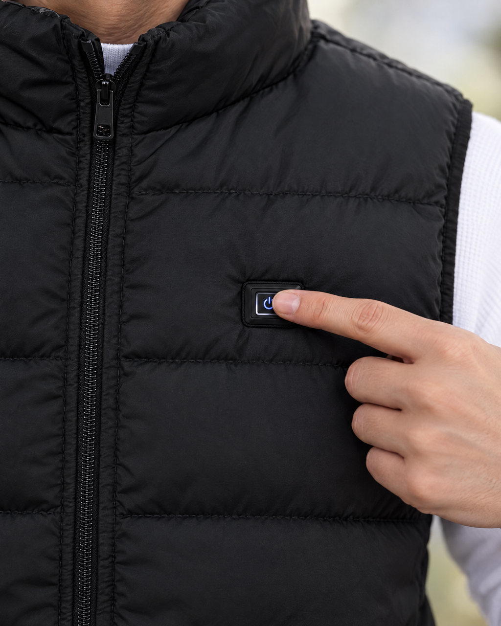 Pressing the power button on the chest of the heated vest