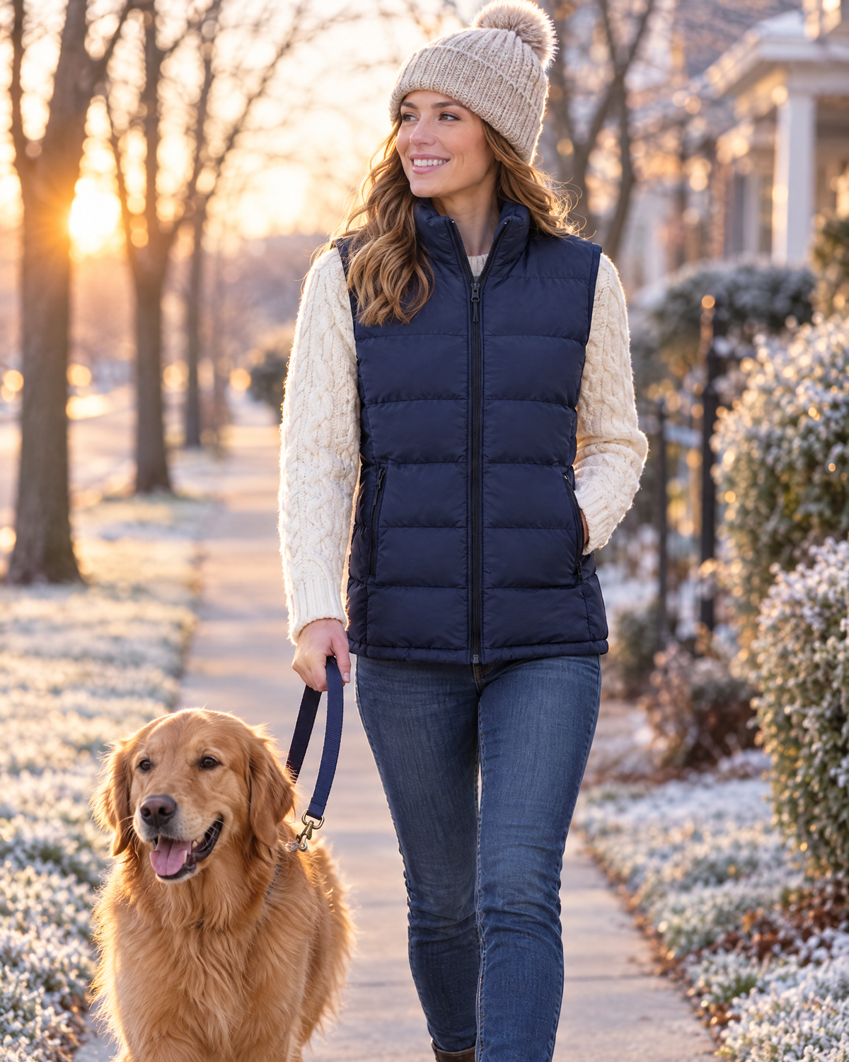 Woman wearing the blue heated vest while walking her dog on a frosty morning