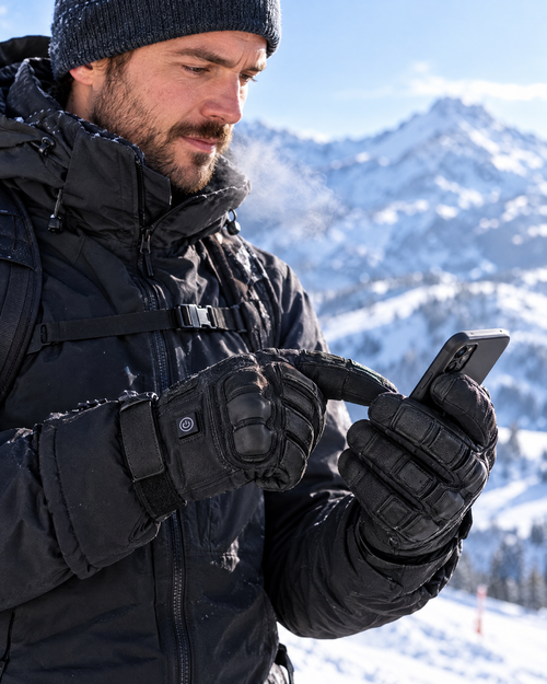 Skier using his phone while wearing the black heated gloves