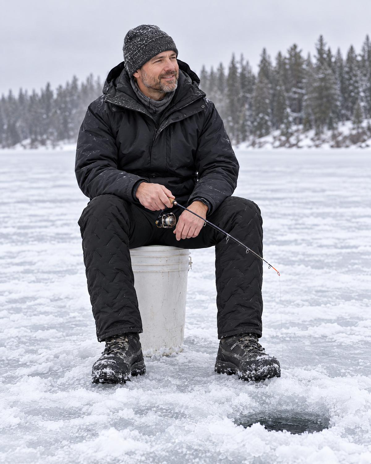 Man ice fishing on a frozen lake wearing the black heated pants
