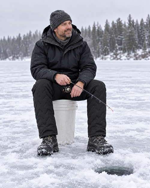 Man ice fishing on a frozen lake wearing the black heated pants