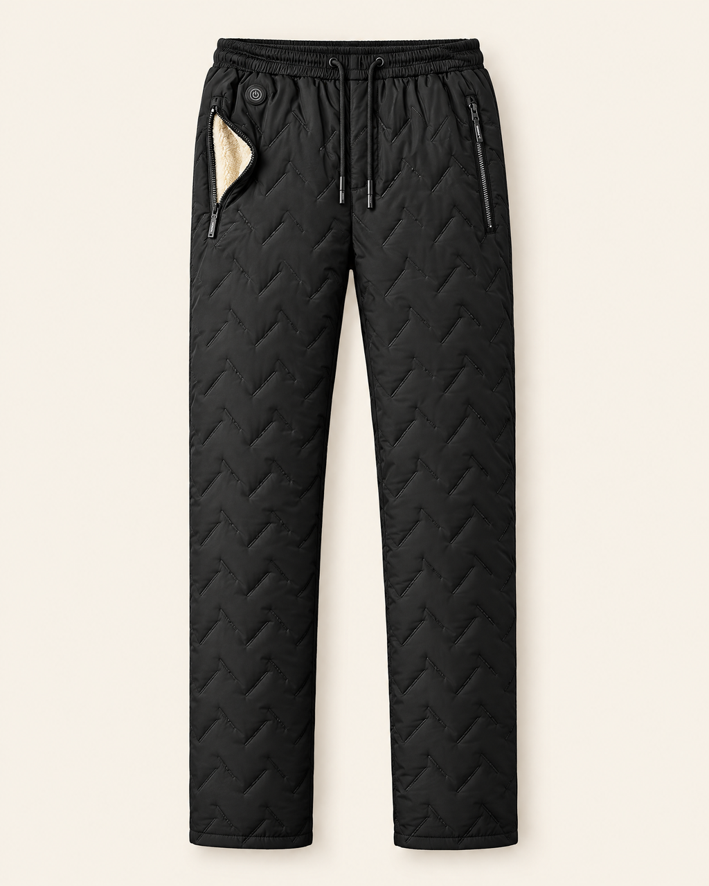 Norvali heated pants in black, front view with plush lining visible in the pocket
