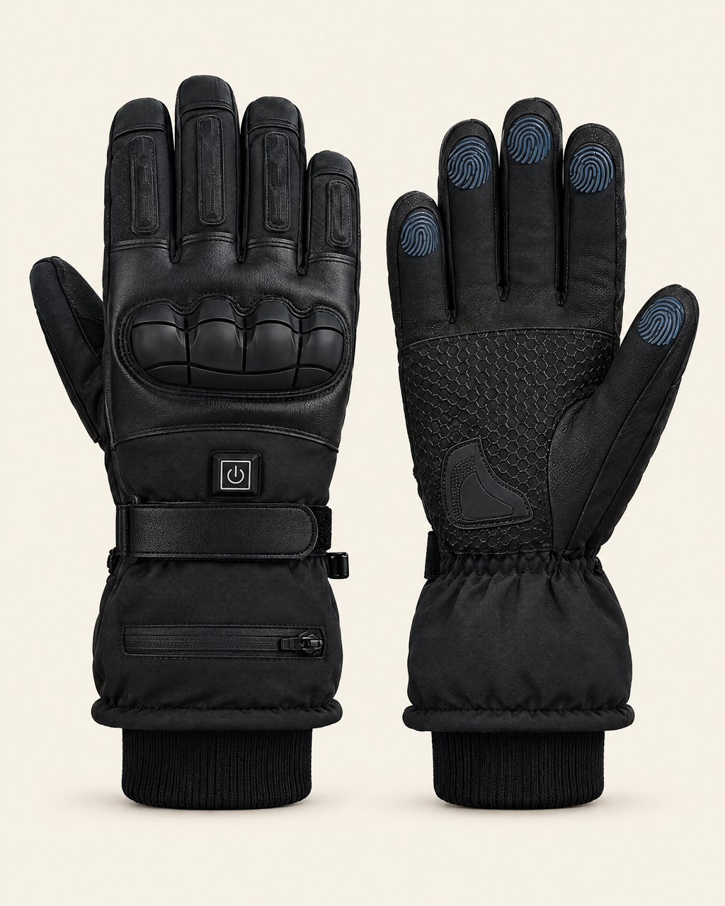 Norvali heated gloves in black: back of the hand with power button, and palm with touchscreen fingertips