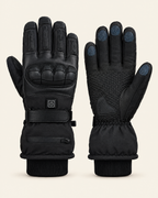 Norvali heated gloves in black: back of the hand with power button, and palm with touchscreen fingertips