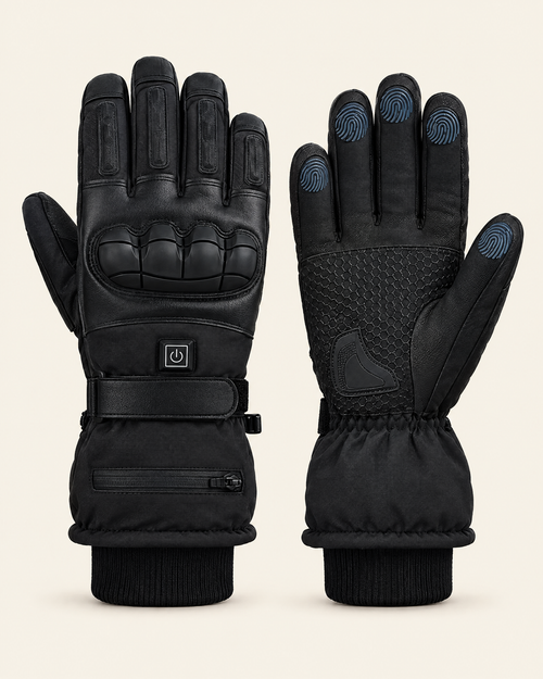Norvali heated gloves in black: back of the hand with power button, and palm with touchscreen fingertips