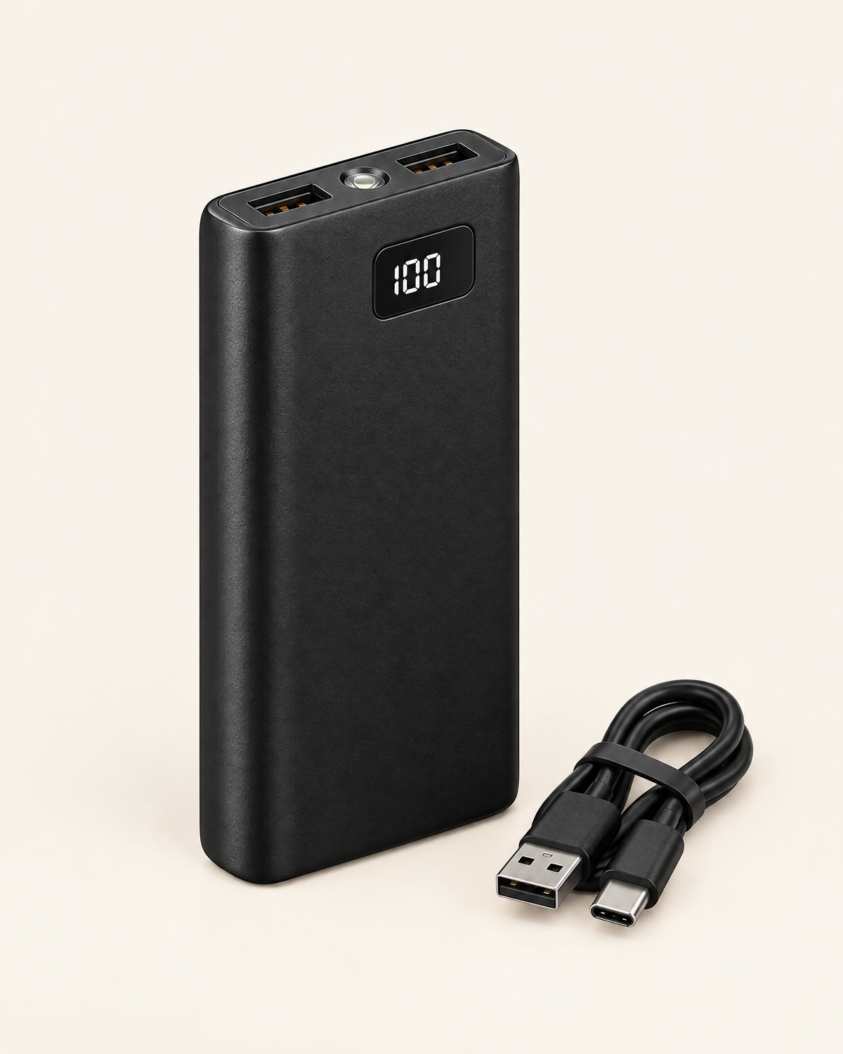 Black 20,000 mAh USB power bank with charge display