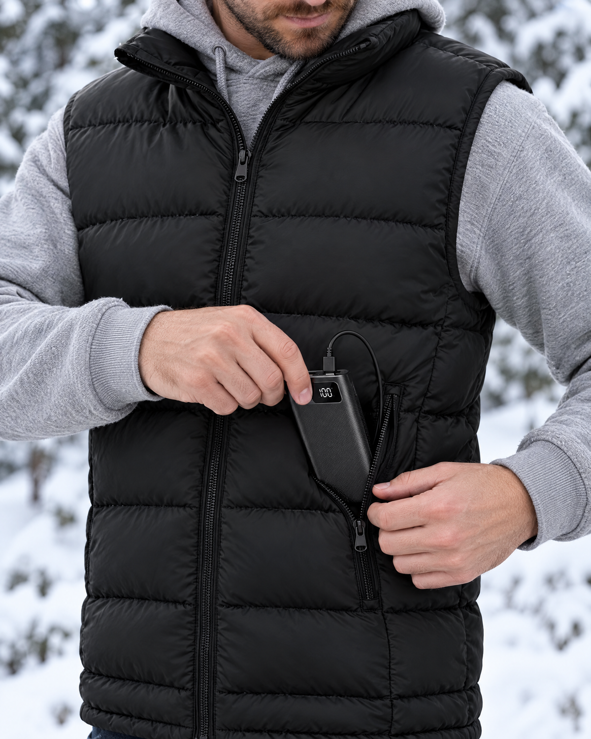 Connecting the power bank to the heated vest and sliding it into the pocket