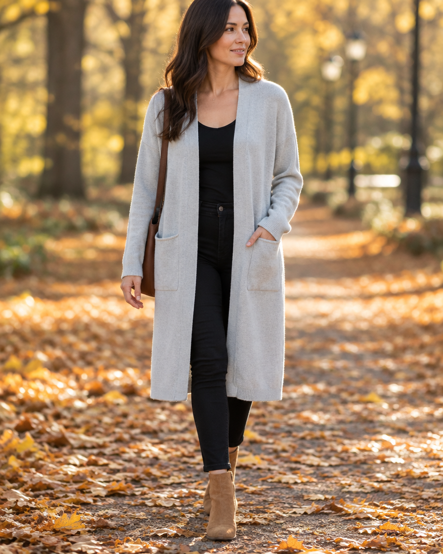 Longline cardigan in light grey on an autumn walk
