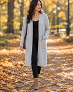 Longline cardigan in light grey on an autumn walk