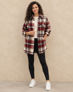 Red plaid flannel shacket full length, oversized fit to mid-thigh