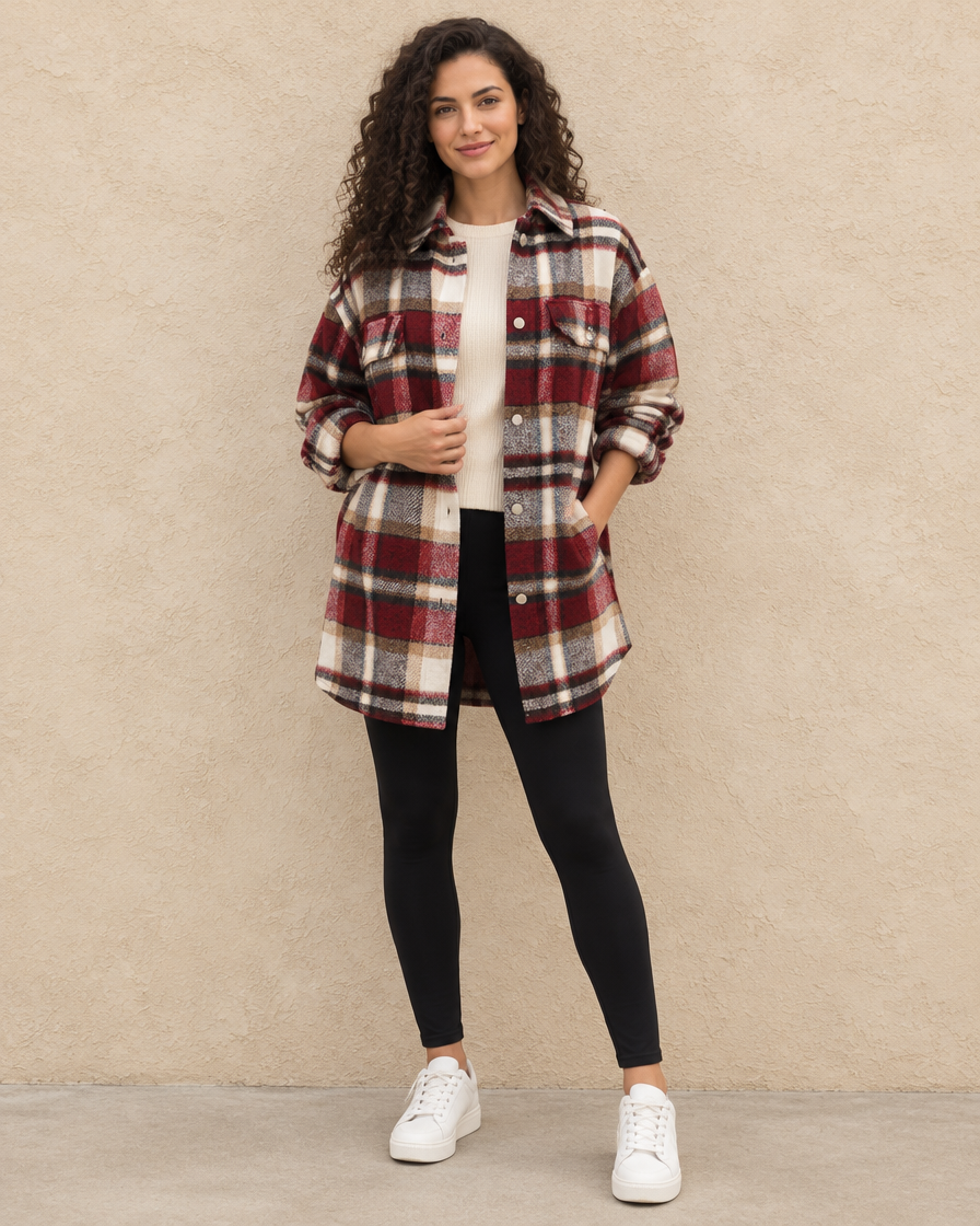 Red plaid flannel shacket full length, oversized fit to mid-thigh