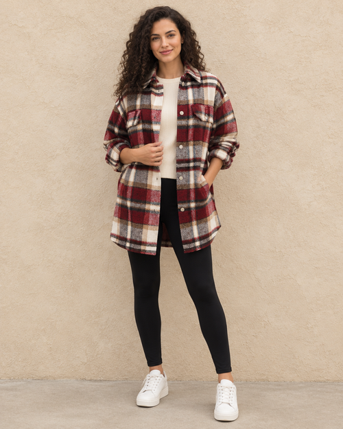 Red plaid flannel shacket full length, oversized fit to mid-thigh