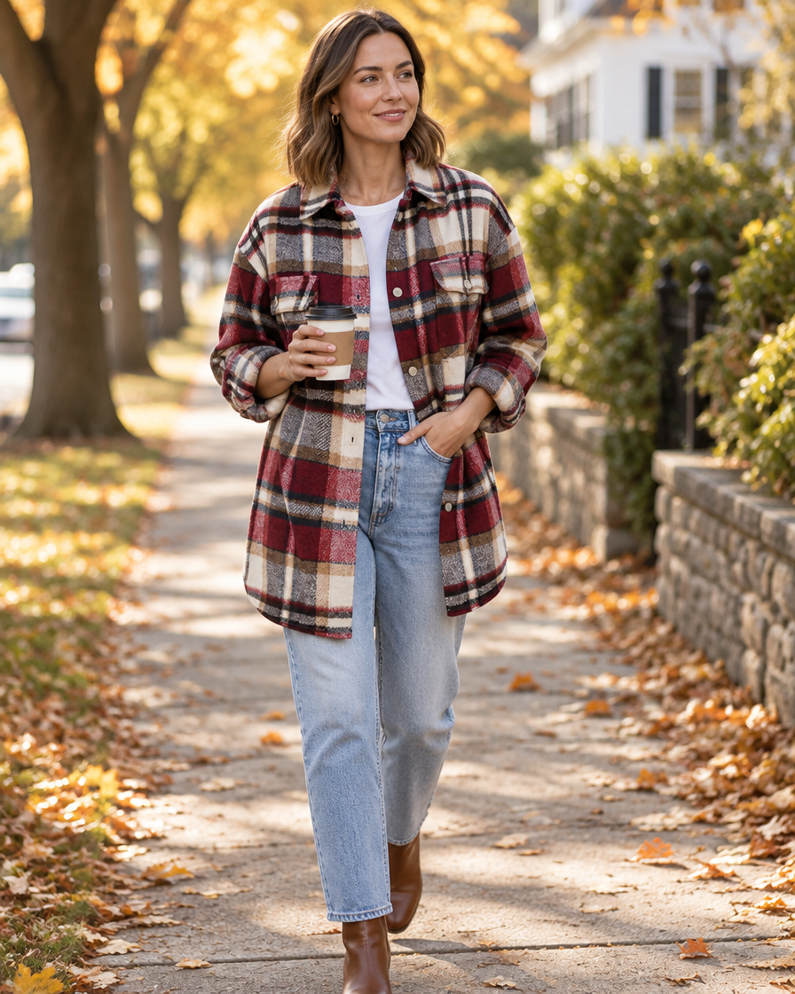 Red plaid flannel shacket worn open over a white tee and jeans