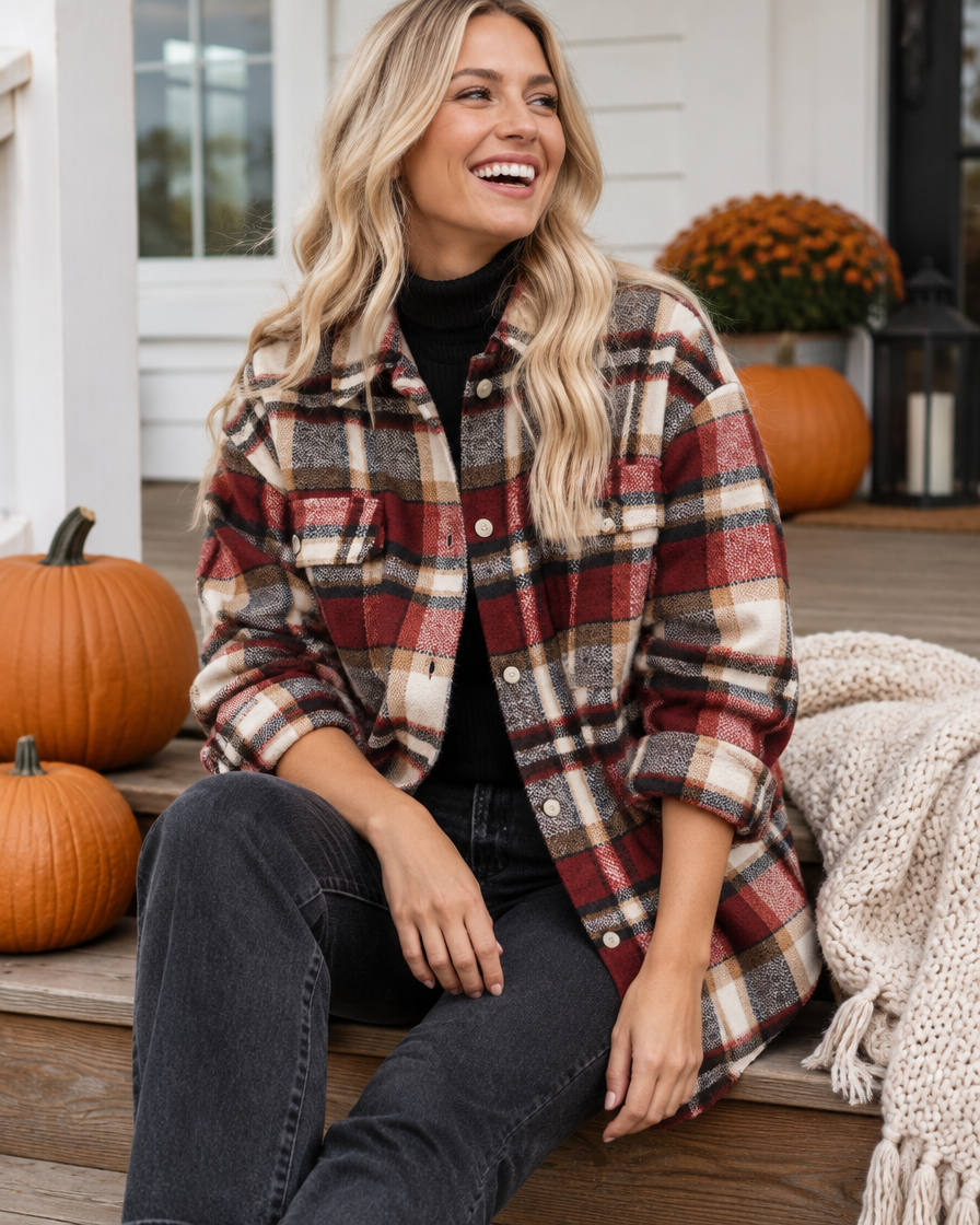 Red plaid flannel shacket buttoned over a black turtleneck