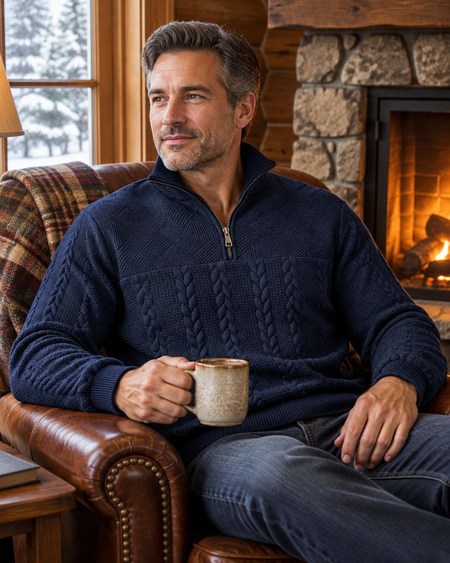 Cable knit quarter-zip sweater in navy blue