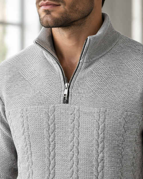 Close-up of the stand-up collar, zipper and cable knit