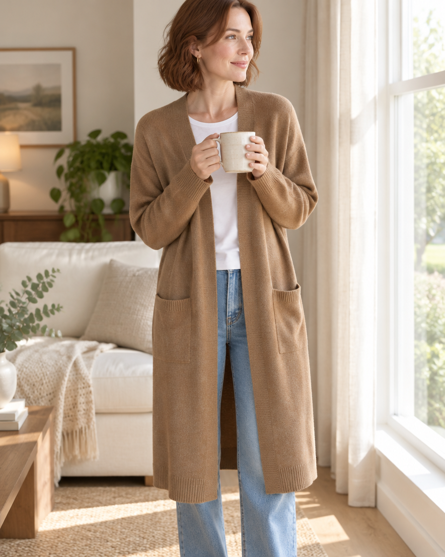 Women's longline open-front cardigan in camel