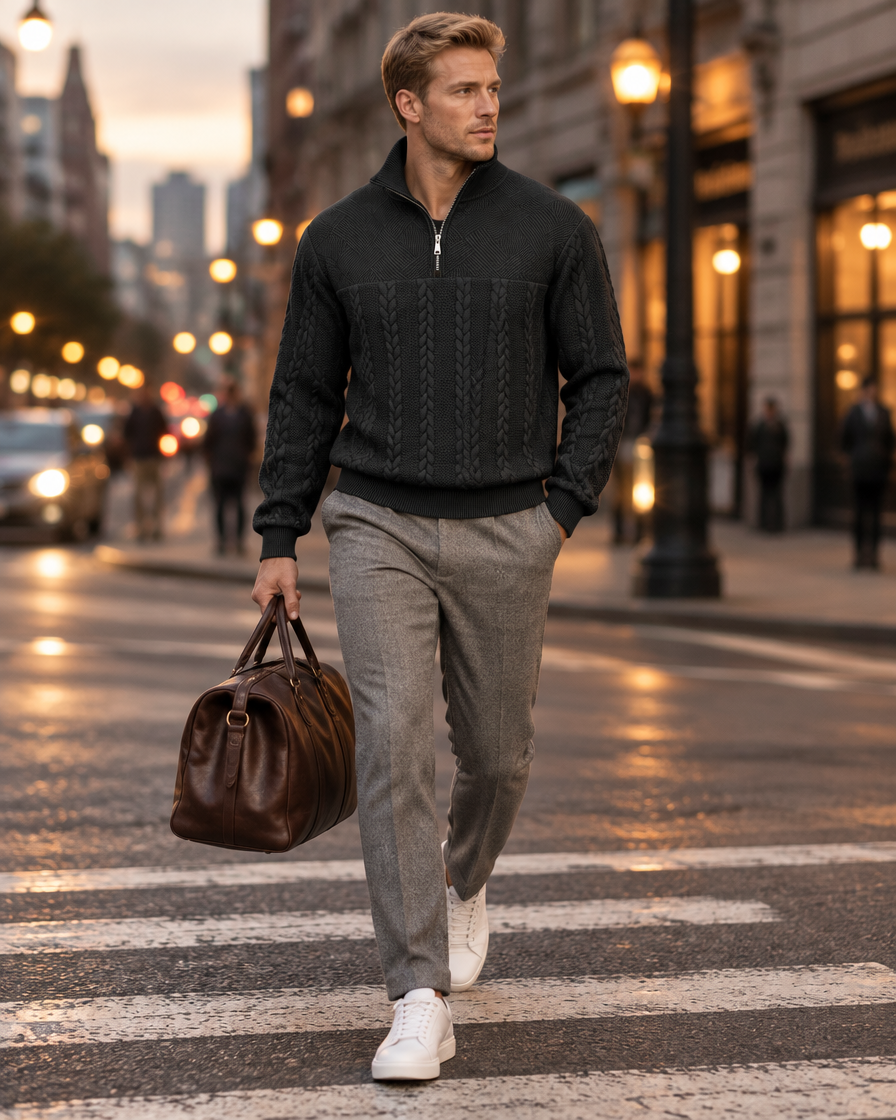 Cable knit quarter-zip sweater in black with grey trousers