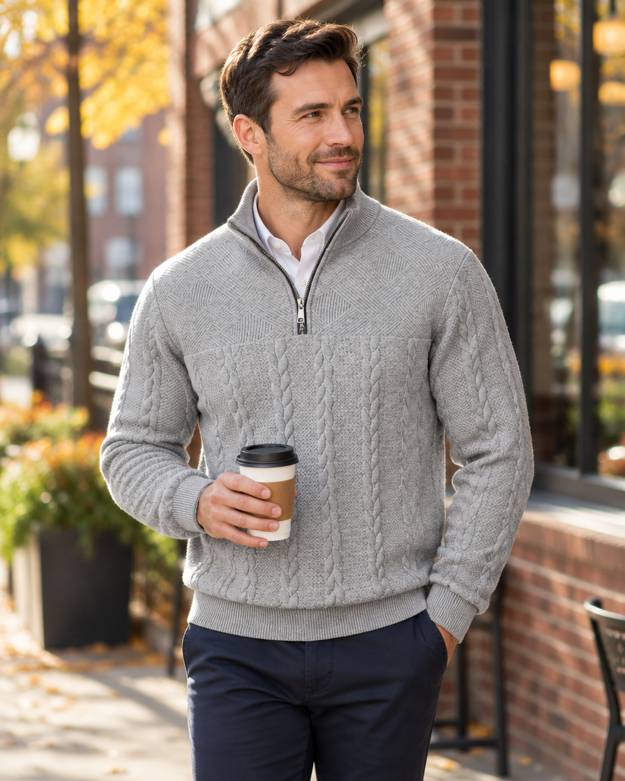 Men's cable knit quarter-zip sweater in light gray over a button-down shirt