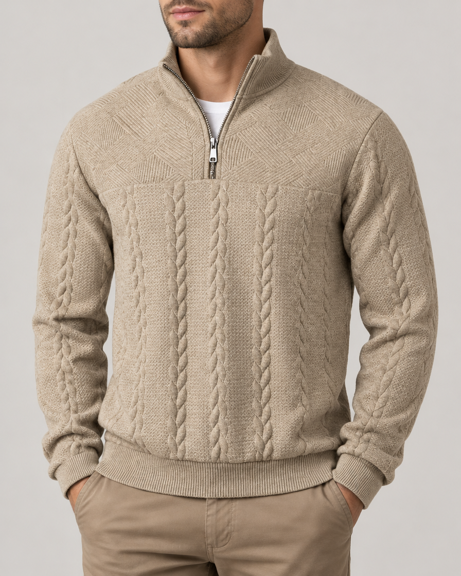 Cable knit quarter-zip sweater in khaki