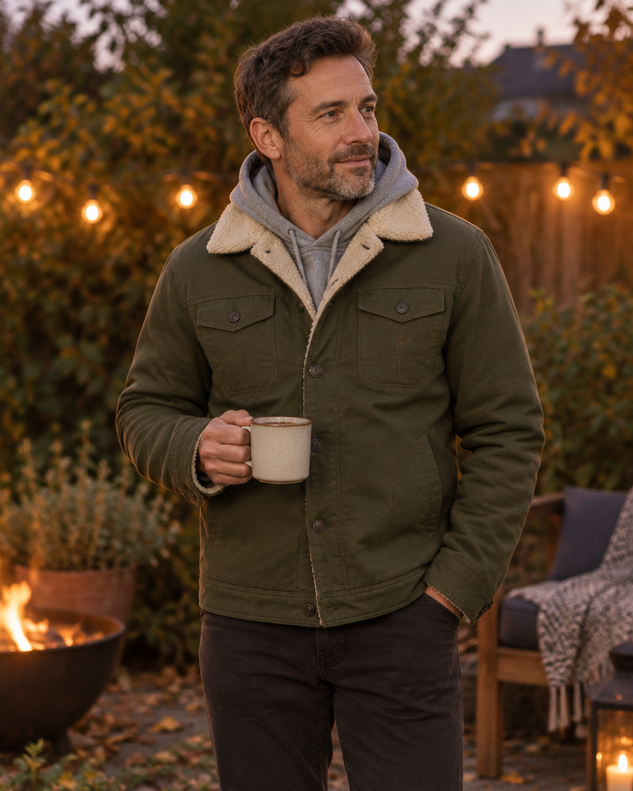 Man in the army green sherpa-lined work jacket in a garden at dusk with a mug of tea