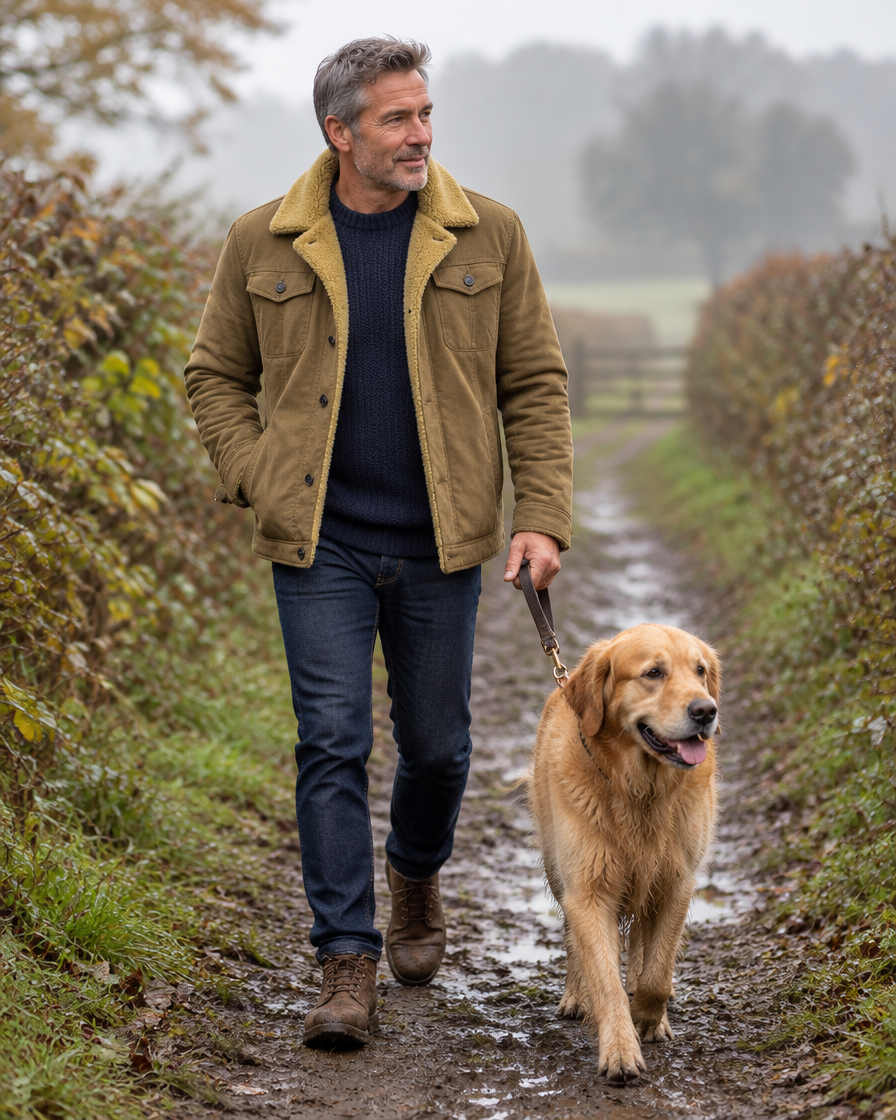 Man walking a golden retriever in the khaki sherpa-lined work jacket on a country footpath
