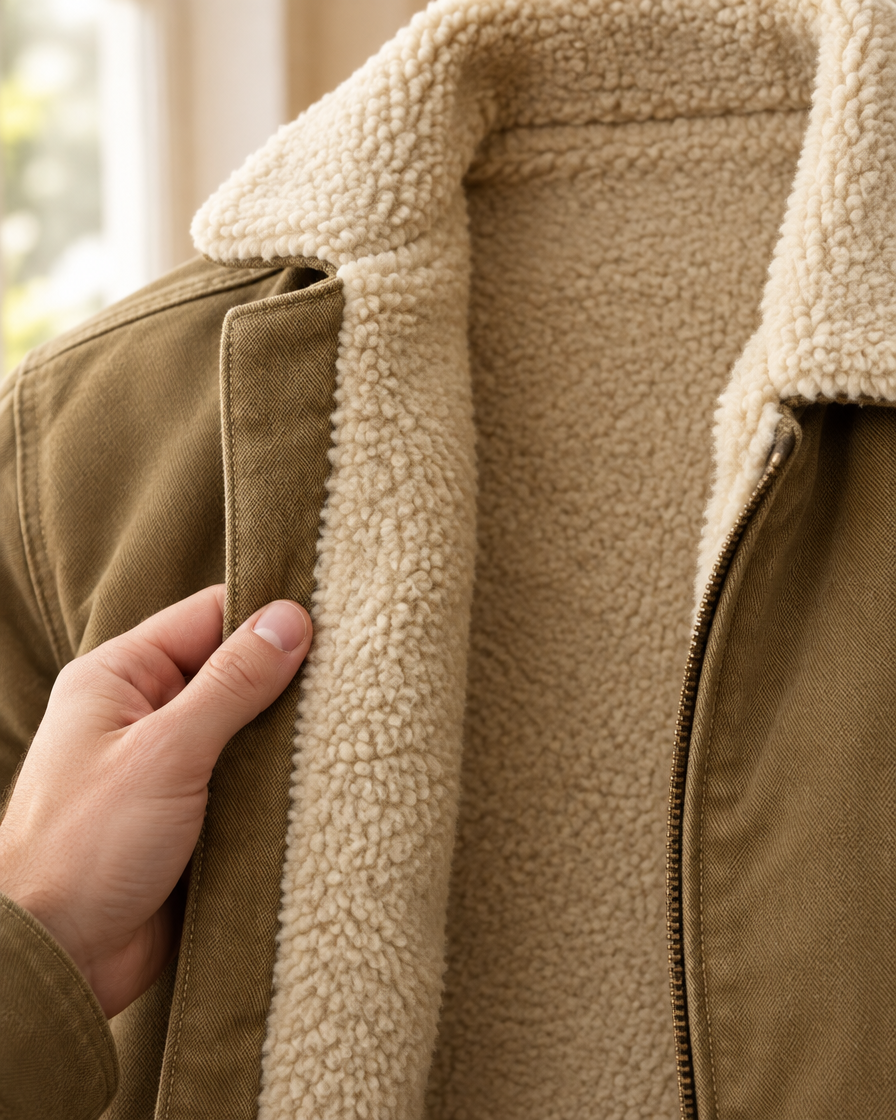 Close-up of the thick sherpa fleece lining and collar