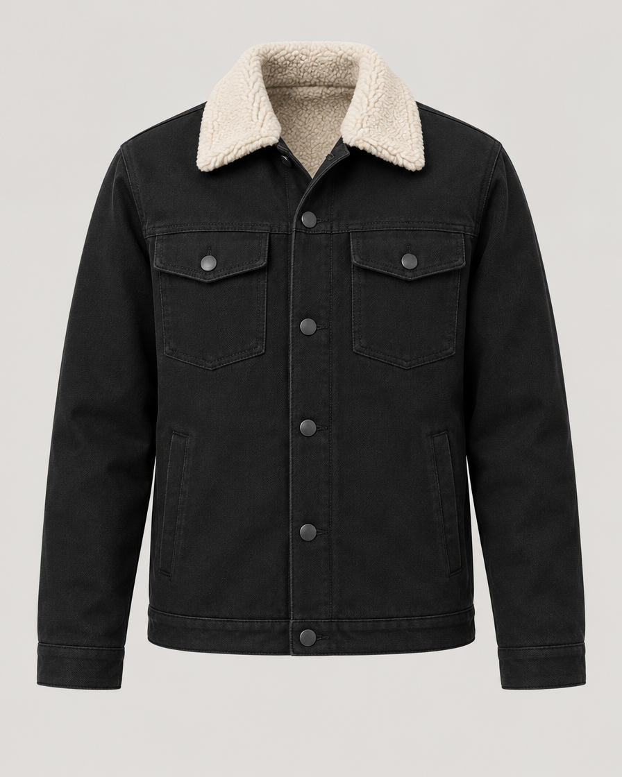 Black sherpa-lined work jacket, front view