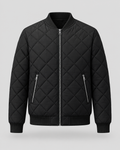 Black diamond quilted bomber jacket, front view