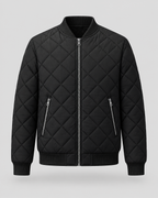 Black diamond quilted bomber jacket, front view