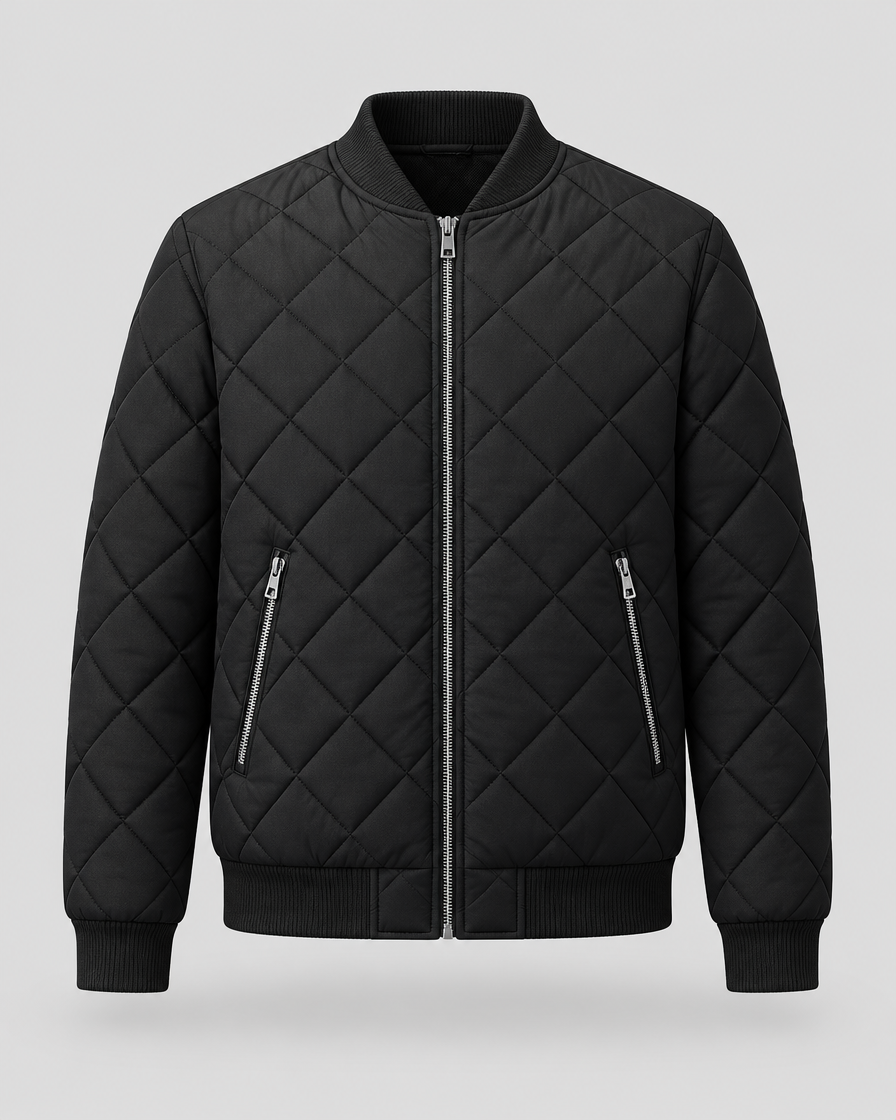 Black diamond quilted bomber jacket, front view