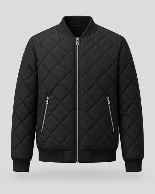 Black diamond quilted bomber jacket, front view