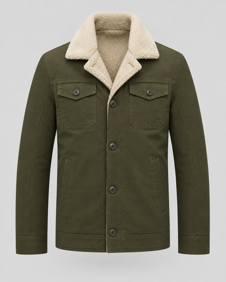 Army green sherpa-lined work jacket, front view