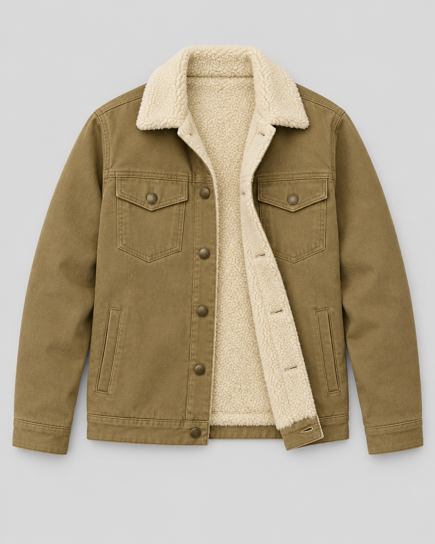 Khaki sherpa-lined work jacket laid flat, open to show the sherpa lining