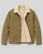 Khaki sherpa-lined work jacket laid flat, open to show the sherpa lining