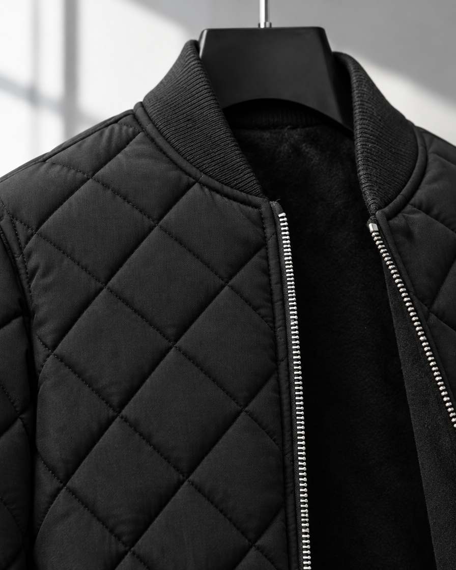 Close-up of the ribbed collar, zip and diamond quilting