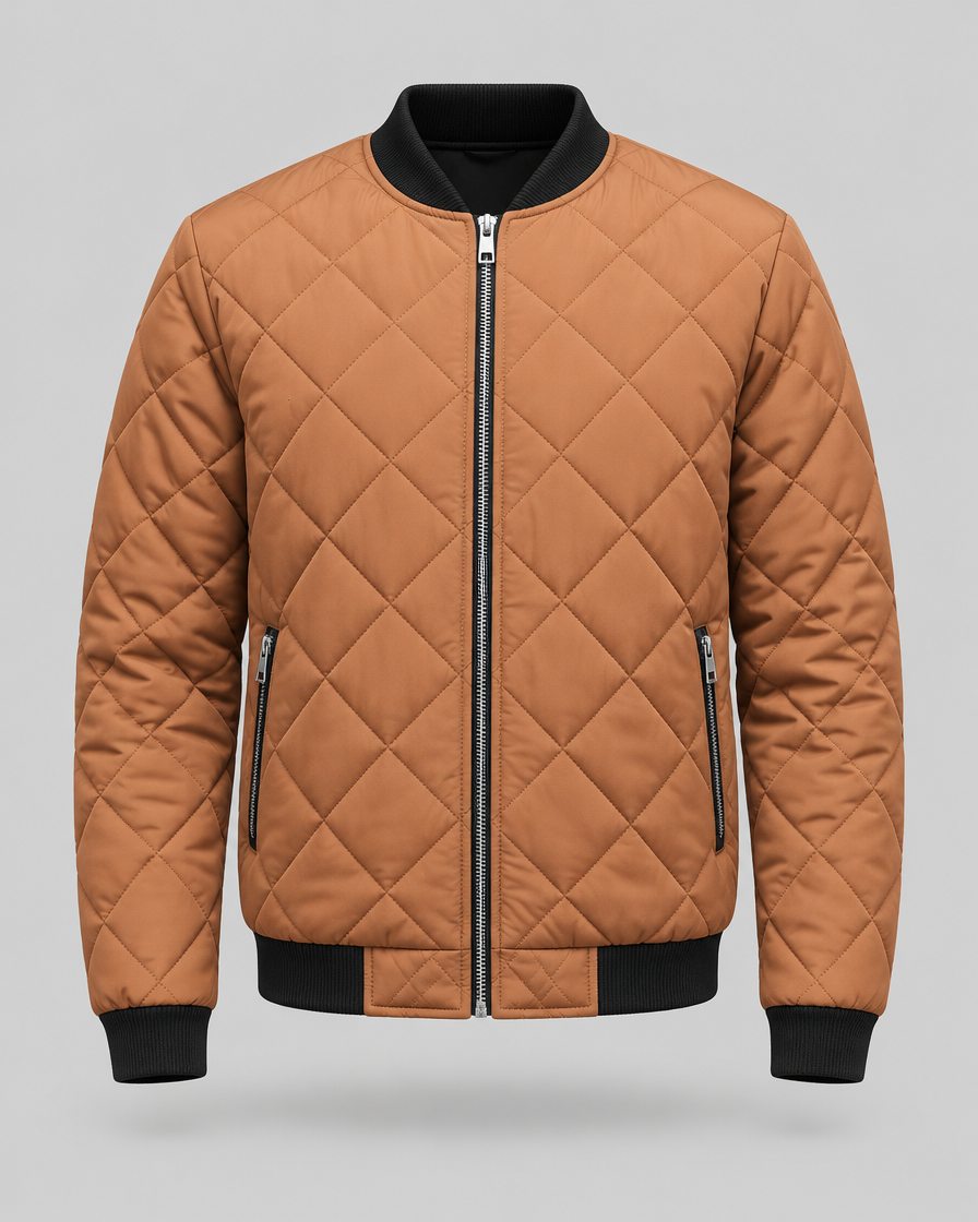 Tan diamond quilted bomber jacket, front view