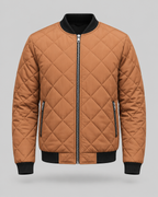 Tan diamond quilted bomber jacket, front view