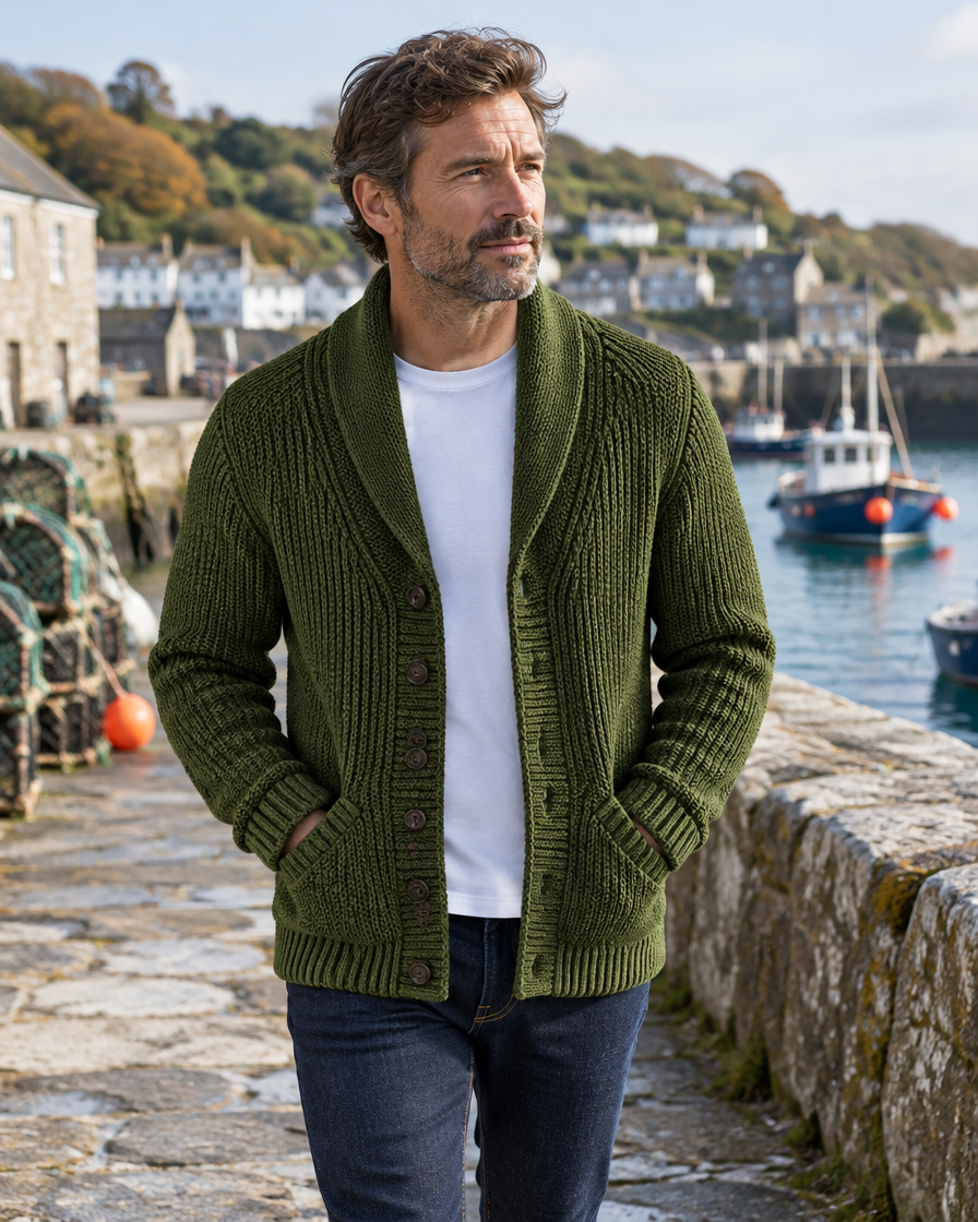 shawl-6 Shawl collar cardigan green harbour (AI)