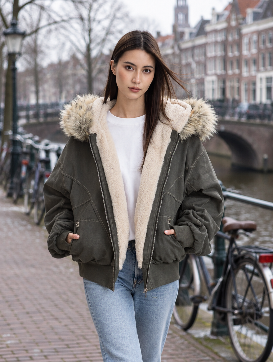 Korte parka dames in grijsgroen met nepbontkraag, langs een gracht in de winter