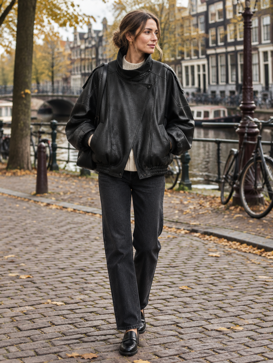 Zwart kunstleren jack dames, oversized, gedragen in een Amsterdamse straat