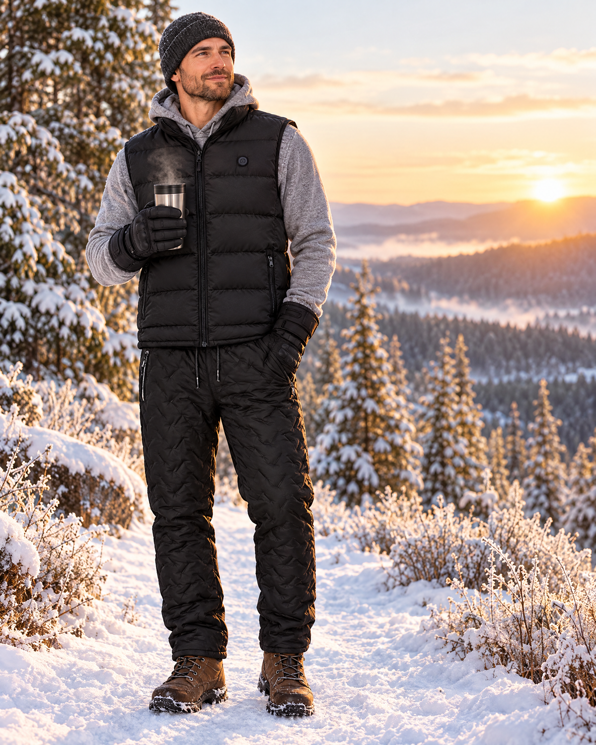 Man on a snowy trail at sunrise wearing the Norvali heated vest, gloves and pants
