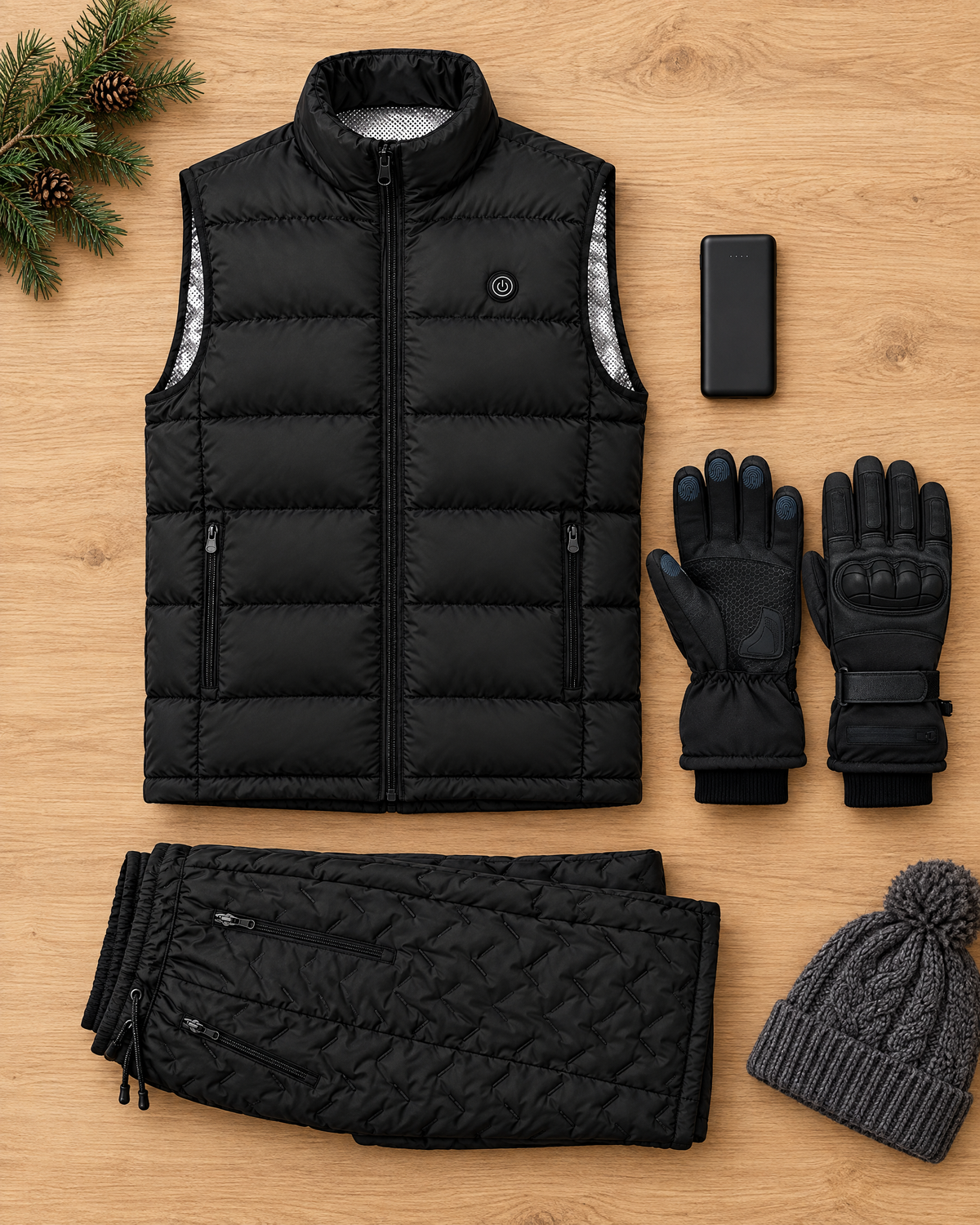 Flat lay of the Norvali heated vest, heated gloves and heated pants with a power bank