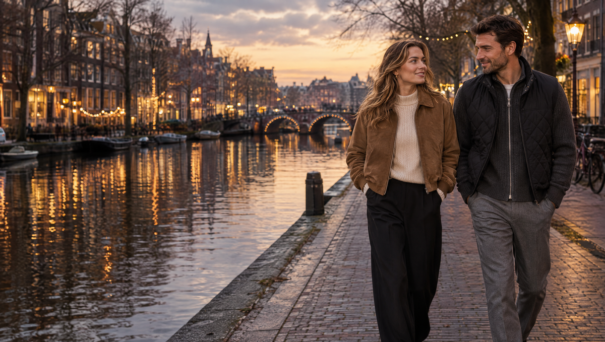 Vrouw en man in winterkleding langs een Amsterdamse gracht
