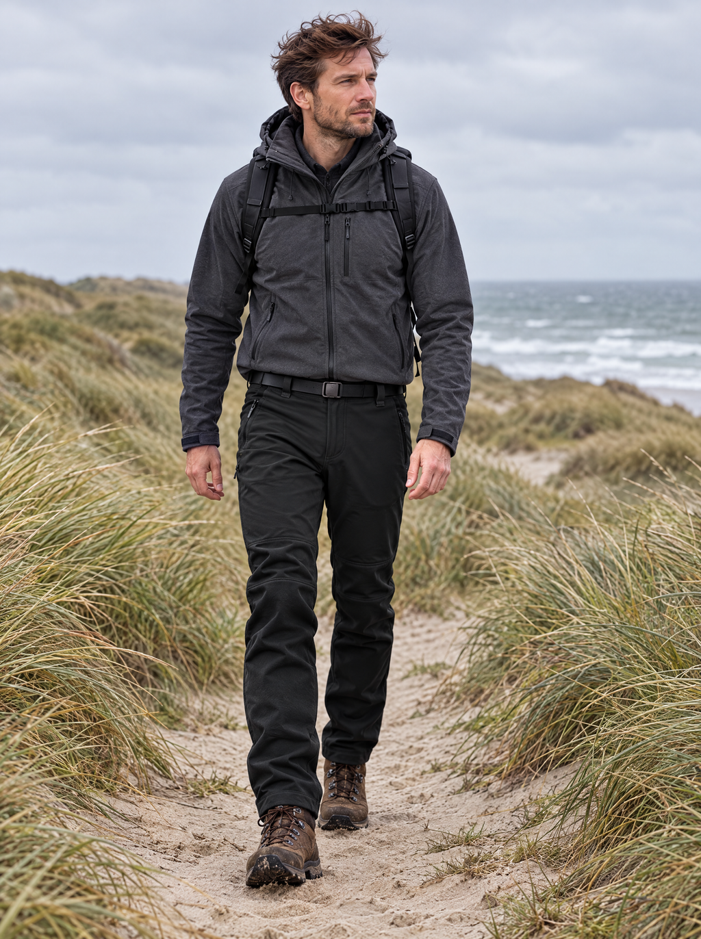 Thermo softshell broek heren zwart, tijdens een wandeling in de duinen
