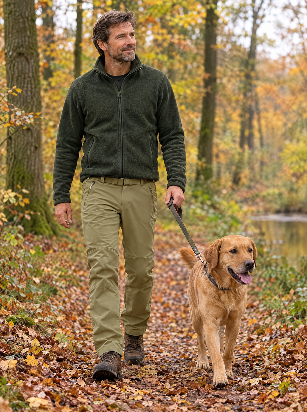 Thermo softshell broek heren khaki, tijdens het uitlaten van de hond