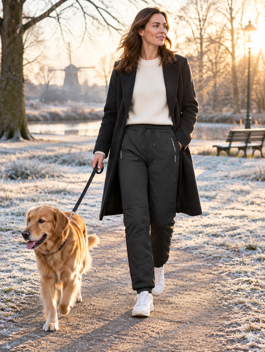 Thermobroek dames in zwart tijdens een winterwandeling met de hond